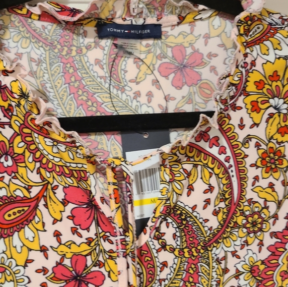 TOMMY HILFIGER PAISLEY RUFFLE SLEEVE FRONT TIE TASSELS TOP - Picture 8 of 14
